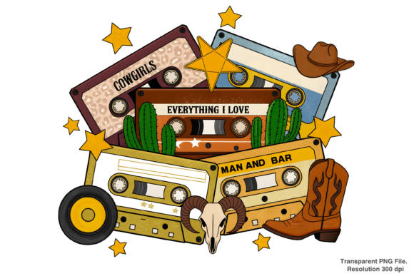 Country Cassette Tapes PNG: Western Design Assets